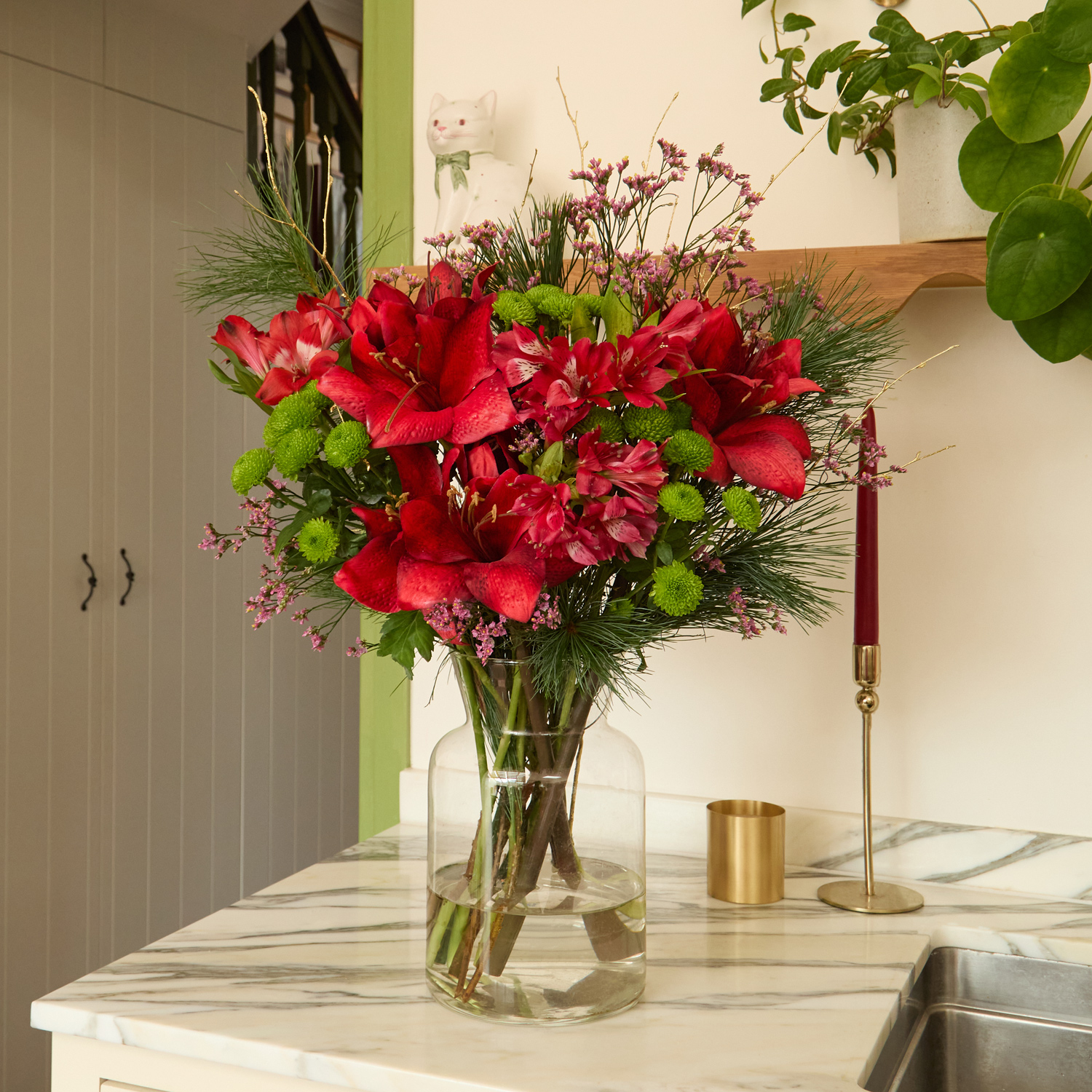 Red Amaryllis Christmas Flower Bouquet With Alstroemeria and Santini | Send flowers online | Cocktail Hour | size: classic image