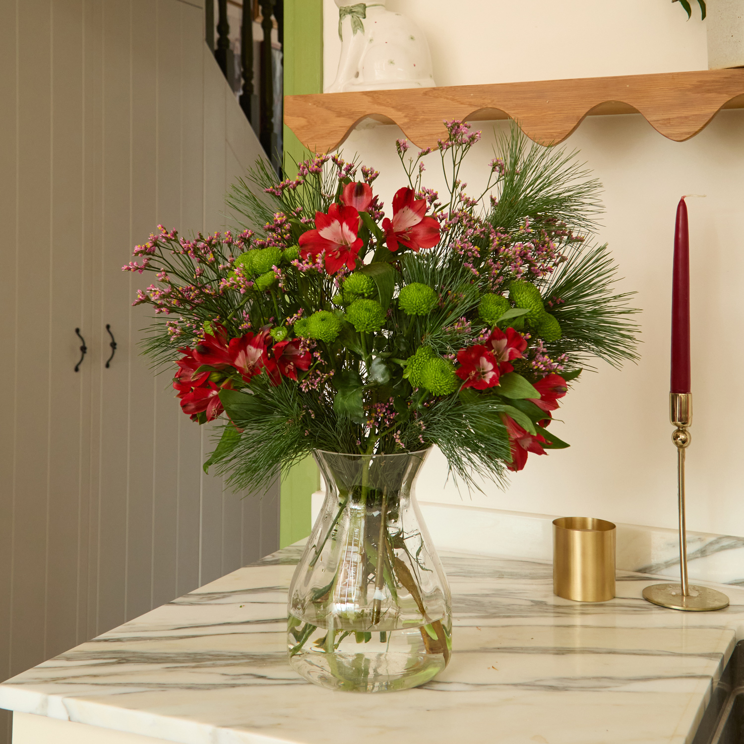 Christmas flower bouquet with alstromeria, Santini and pine | Send flowers online | Cocktail Hour | size: letterbox image