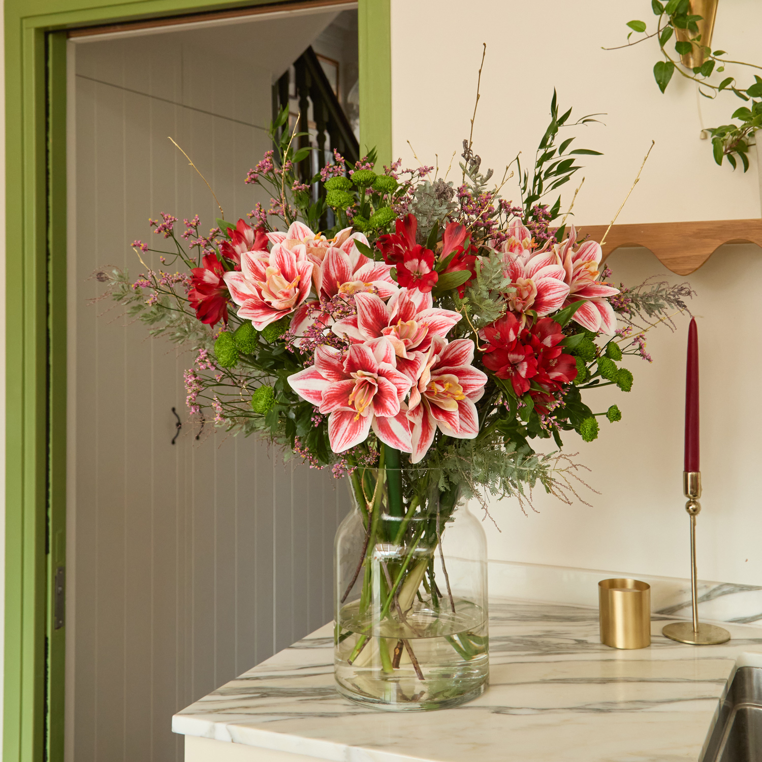 Amaryllis christmas flower bouquet with alstromeria and pine | Send flowers online | Cocktail Hour | size: showstopper image