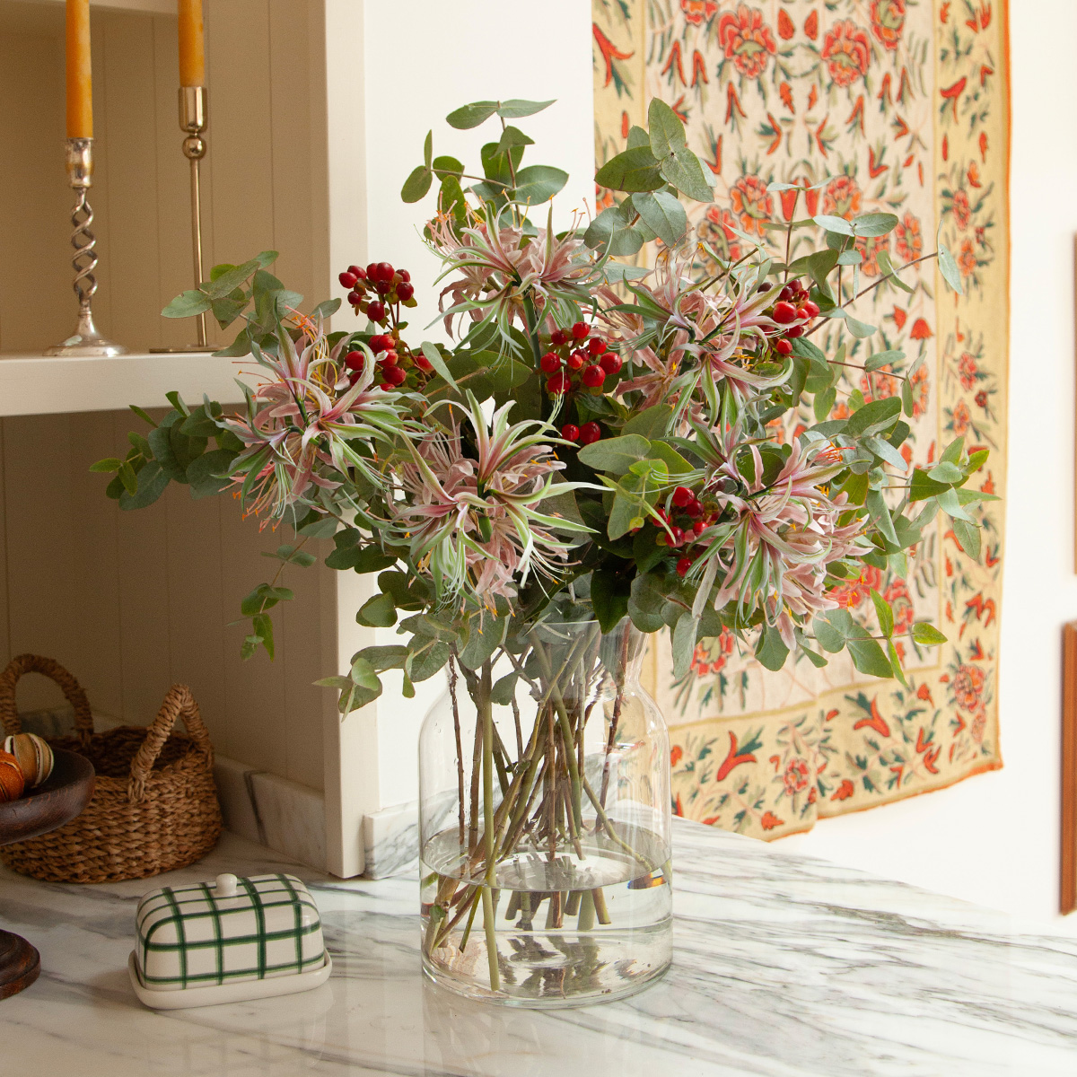 Christmas flower bouquet with red roses and green highlights | Send flowers online | Silk Pyjamas | size: showstopper image